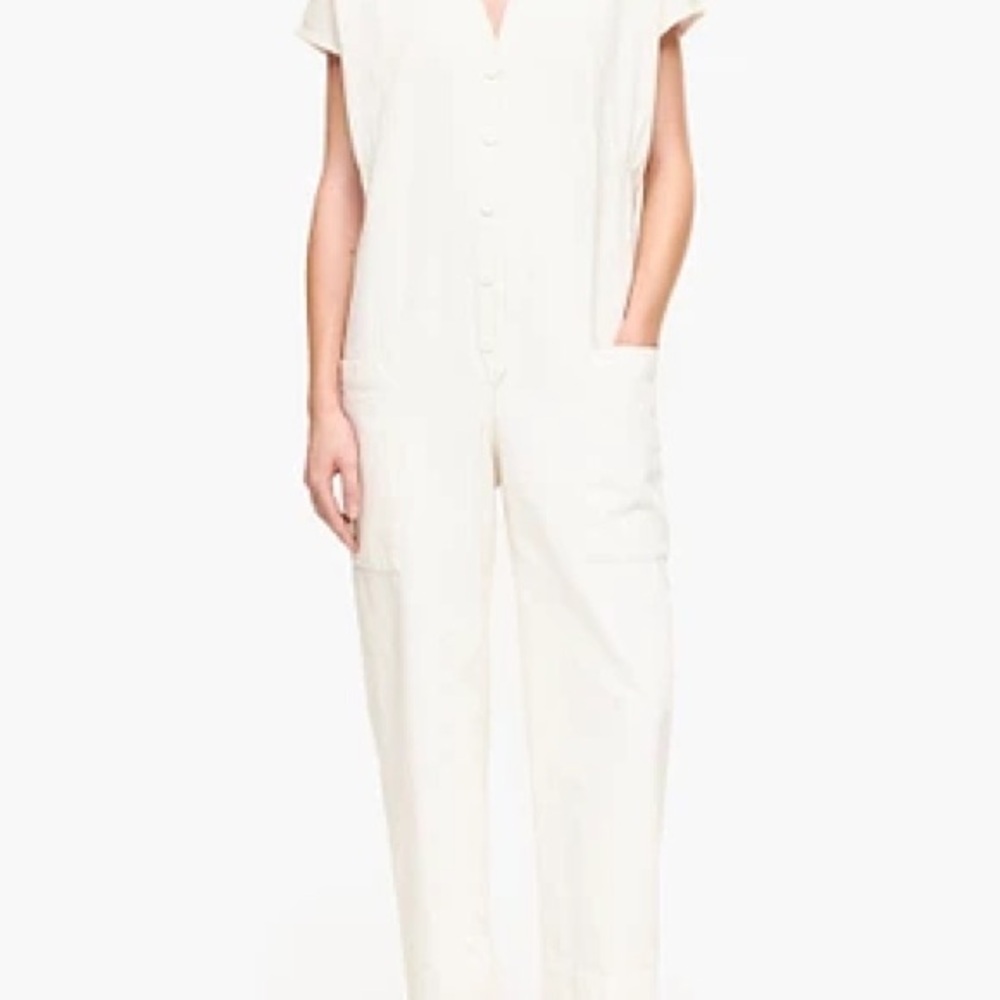 Cream Short-Sleeve Utility Jumpsuit with Patch Pockets